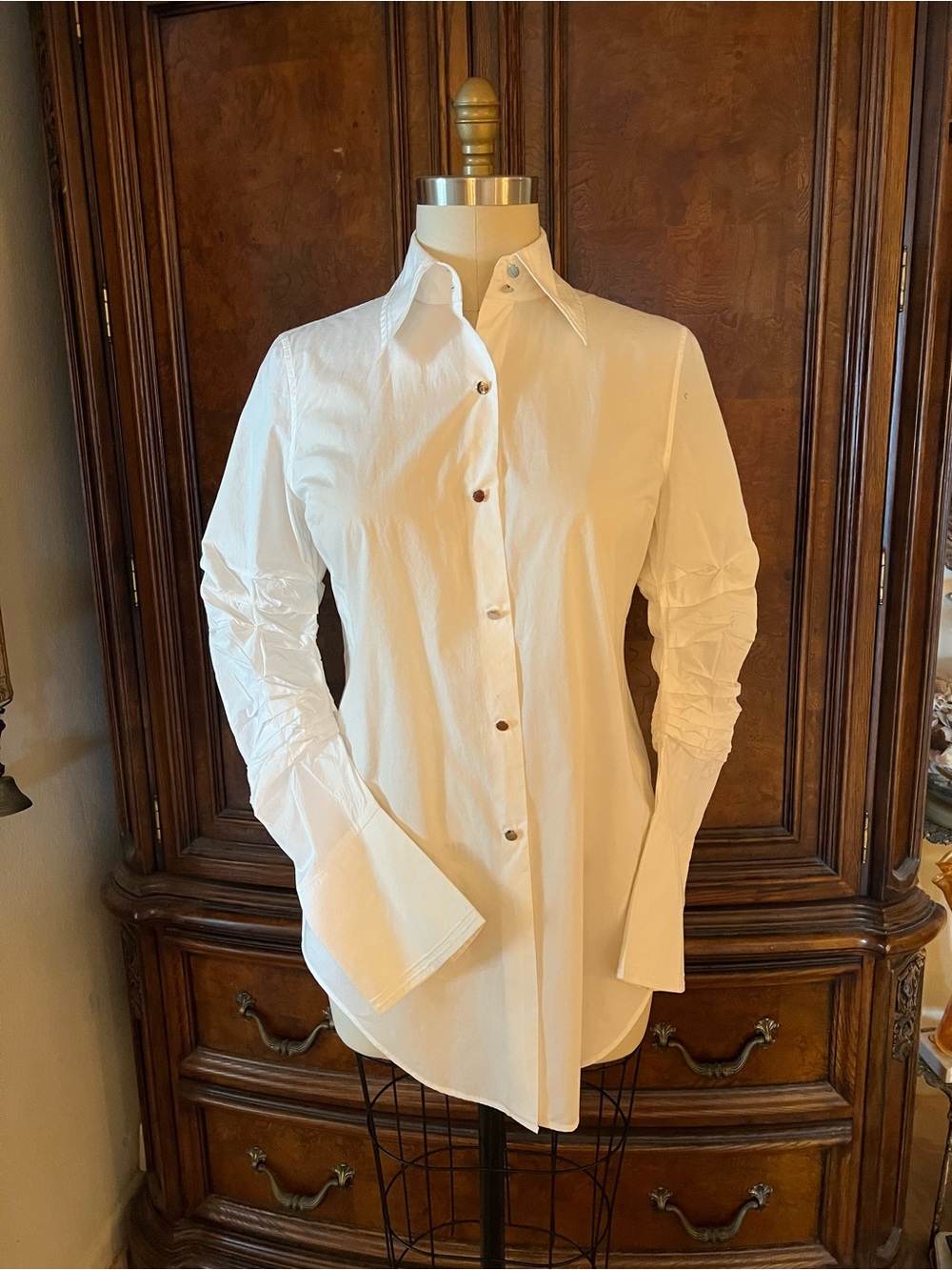 Magaschoni White Button-Down Shirt with Ruched Sleeve Detail
